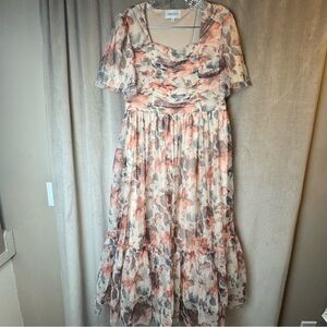 Chiffon Floral Maxi Dress in Blush Pink and Gray layered feminine Ruffle Flowy L